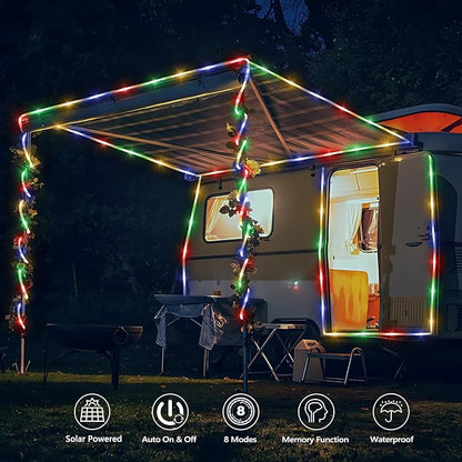 Solar Rope Lights, 66ft 200LED Solar String Lights, 8 Modes Waterproof Solar Powered Outdoor Light, Flexible Clear Tube Light for Garden, Backyard, Patio, Deck, Porch, Pool, Tree Decor - Multicolor
