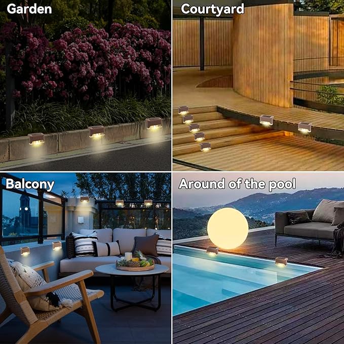 8 Pack Solar Stair Lights Outdoor Mini Waterproof LED Fence Lamp Outside Security and Decor Lighting for Step, Deck, Railing, Patio, Pool, Balcony, Retaining Wall, Patio, No Drill Instal (Warm White)