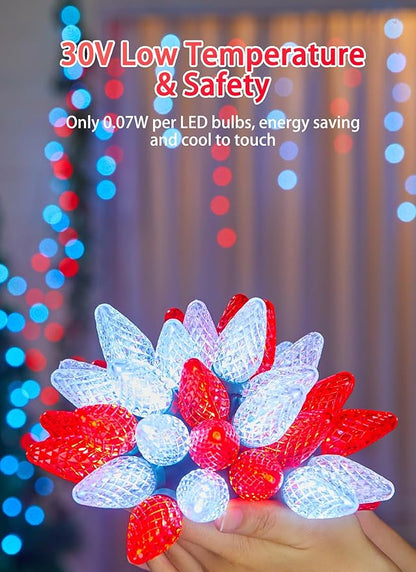 C9 Christmas Lights Outdoor Waterproof, 114 Feet 150 LED C9 String Light with Timer & 8 Light Mode, Connectable Christmas Tree Lights for House Outside Roofline Indoor Decoration, Red & Pure White