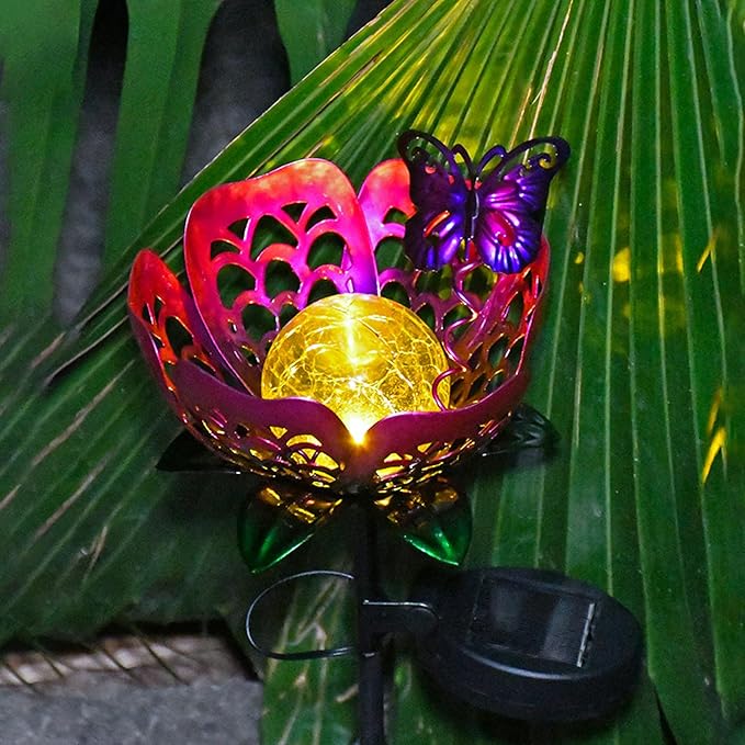 Outdoor Solar Flower Light, Crackle Glass Globe LED Lights, Metal Butterfly Decorations Lights, Hollow Petal Tulip Stake Light for Patio Yard Walkway Ground Lawn Ornaments Gifts (Purple)