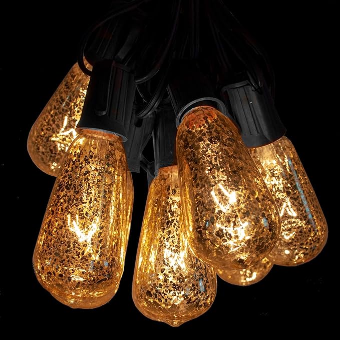 Hometown Evolution, Inc. Gold Outdoor Patio String Lights (50 Foot, ST40 Mercury Bulbs - Black Wire) | Lumora