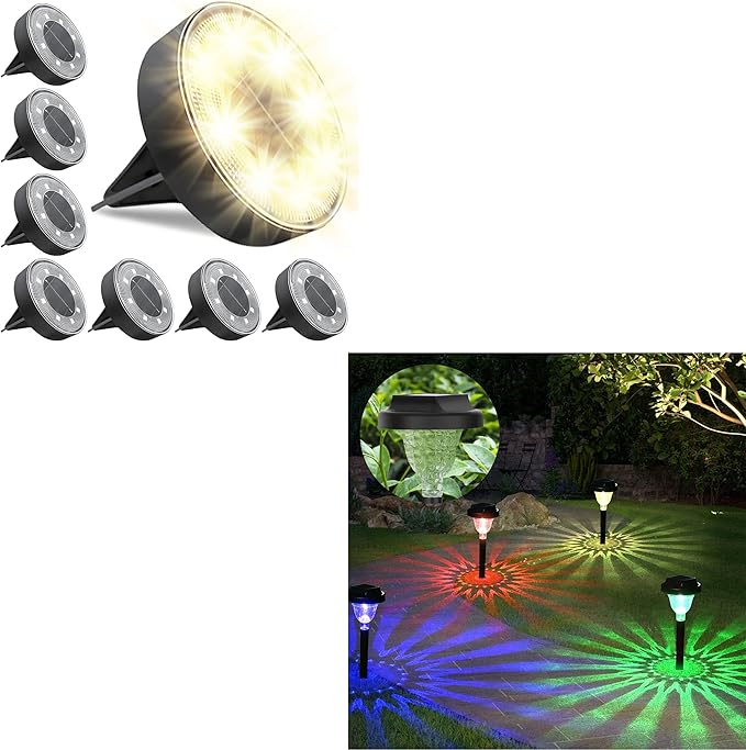 8 Pack Solar Pathway Lights RGB Color Changing and 8 Packs Solar Ground Lights Warm Light