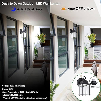 LIT-PaTH Small Outdoor LED Wall Lantern with Dusk to Dawn Photocell, 5000K Daylight White, 9.5W, 800 Lumen, Aluminum Housing Plus Glass, Outdoor Rated, 1-Pack, Black
