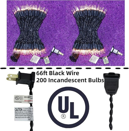 LUCKY SHINE 200 Clear Christmas Lights, Commercial Grade Pack of 2 Sets 100 Light and 66 Ft Black Wire, for Indoor and Outdoor Use.