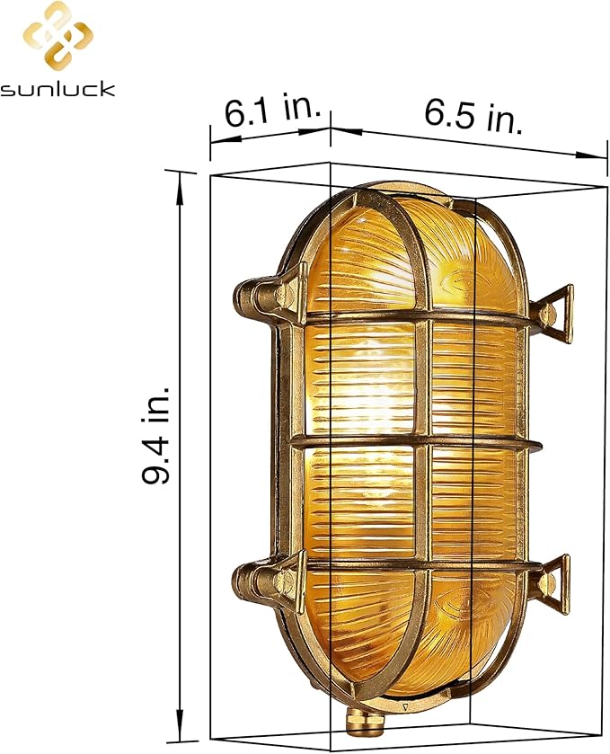 Sunluck Brass Bulkhead Light,Grid Oval Nautical Wall Light,Lampshade,Ceiling Mount Lighting,Sauna Light Waterproof | Lumora