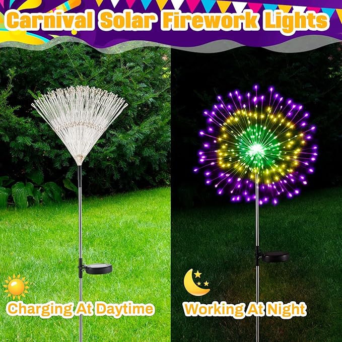 6 Pcs Mardi Gras Solar Firework Lights Solar Lights Outdoor Garden 120 LED 8 Modes Waterproof LED Sparkler Outdoor for Carnival Patio Yard Pathway Walkway (Carnival Color)