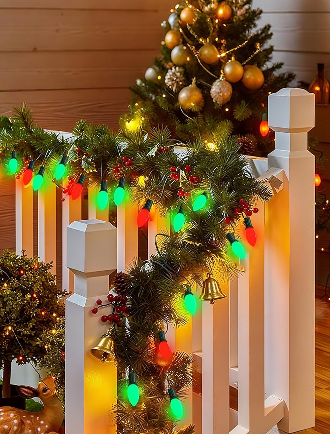C9 LED Christmas String Lights Outdoor, 25Ft Red and Green Vintage Christmas Lights with 26 C9 Red/Green Bulbs | Lumora