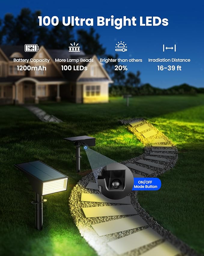 Koicaxy Solar Lights Outdoor Waterproof 2 Pack IP65, 100 LEDs 4 Light Modes, Higher Charging Efficiency, Auto On/Off Solar Landscape Spotlights for Garden Decor Yard Pathway Patio - Warm White