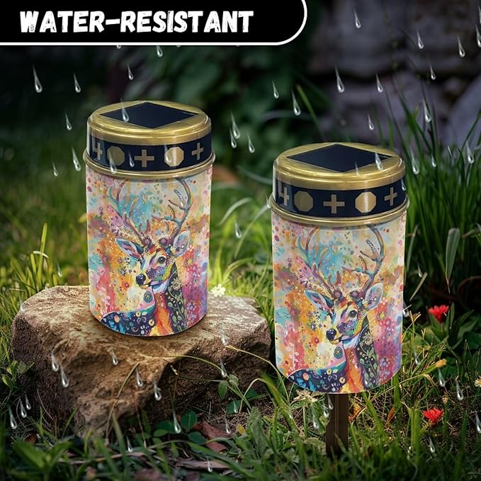 Solar Garden Lights for Cemetery Colorful Watercolor Deer Solar Lights Outdoor Garden, Eternal Lights for Cemetery Grave Decorations