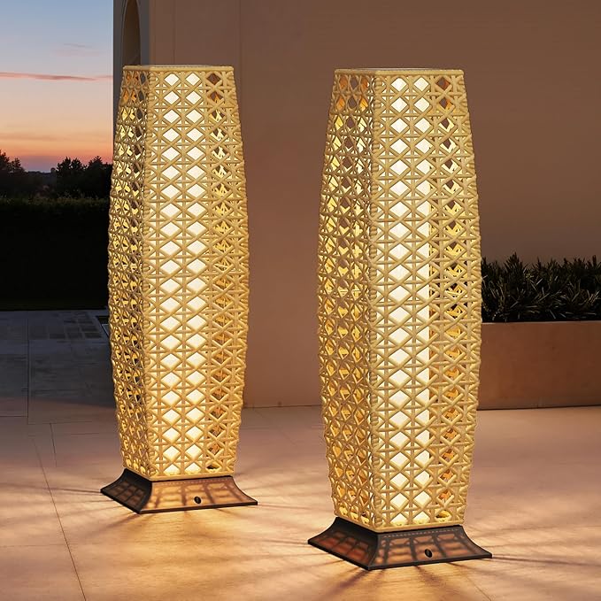 Grand patio Outdoor Floor Lamp Solar Lantern, Water-Resistant Natural Wicker Boho Patio Light with 50/100 Lumens Dual Brightness & Memory Mode for Garden Porch Deck Decor, Large Diamond Natural