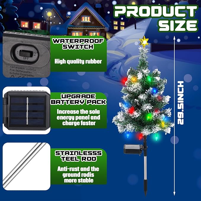 Baquler 2 Pcs Solar Christmas Tree Garden Stake Lights Outdoor Christmas Tree Lighted Yard Decorations Multicolor LED Solar Stakes for Pathway Lawn Patio Xmas Ornament(Strawberry)