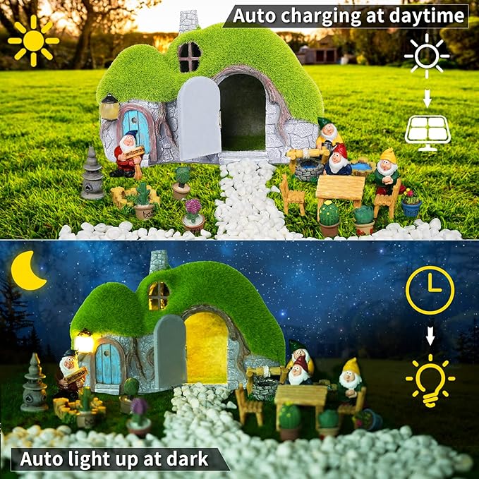 Garden Statues Outdoor Decor - Fairy House with Waterproof Solar Lights Resin Figurines for Yard Lawn Porch Outside | Lumora