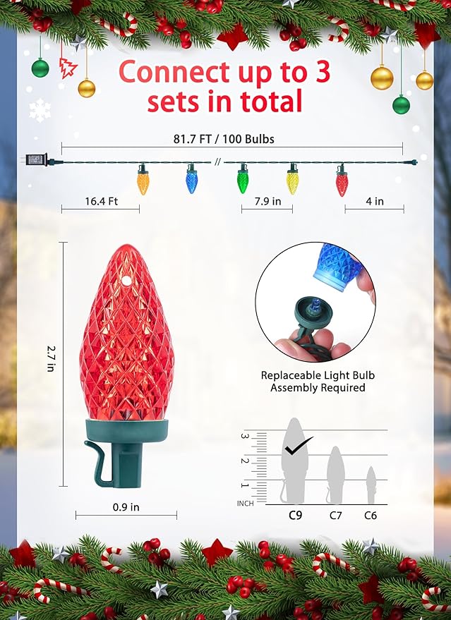 Minetom C9 LED Christmas Lights Outdoor, 81 Feet 100 LED String Light with Timer & 8 Lighting Mode, Waterproof | Lumora