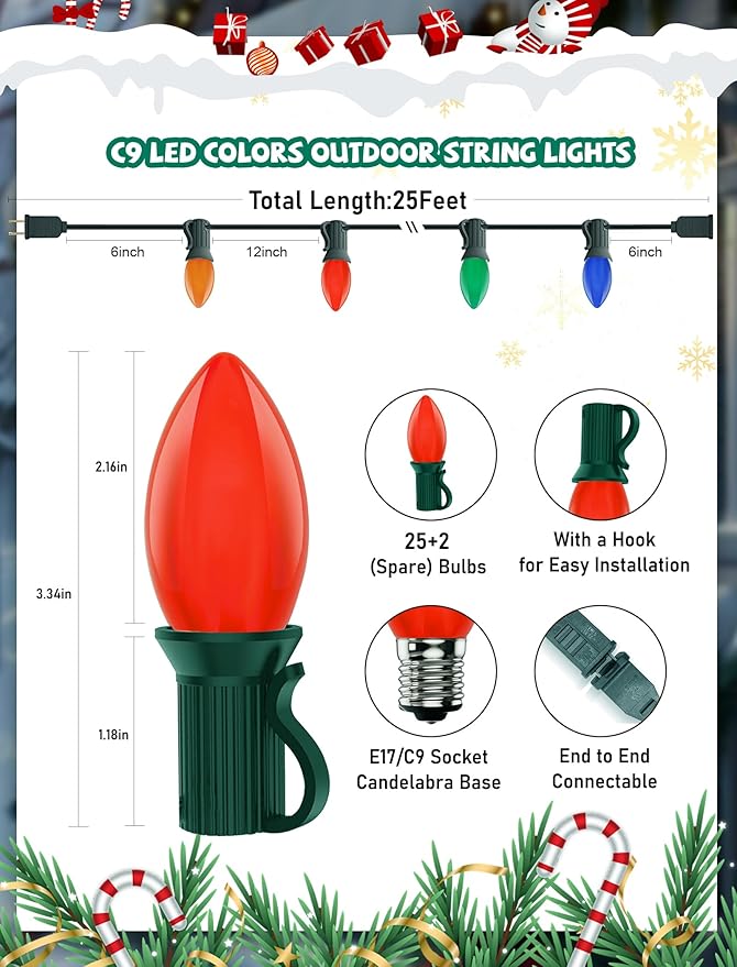C9 Multicolor LED Christmas Light 25Ft Outdoor String Lights with 26 Plastic LED Bulbs(1 Spare), Connectable | Lumora