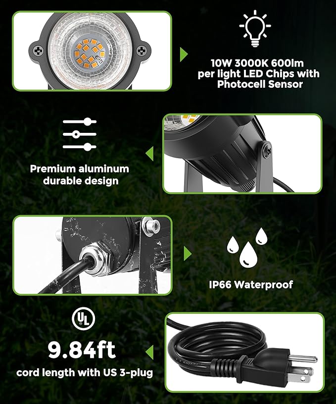 L LOHAS LED 10W Dusk to Dawn Outdoor Lighting, Auto On/Off 3000K Landscape Spot Lights Outdoor, IP66 Waterproof Spot Lights for Yard, Garden, House, Pathway, Plant, UL Listed (2 Pack)