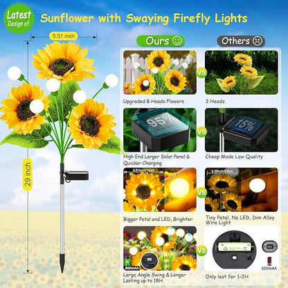 Garpar Garden Lights Solar Powered, Upgraded 4 Pack Bigger Solar Sunflowers with Swaying Firefly Lights, Brighter Waterproof Solar Yard Lights for Outdoor Garden Pathway Patio Lawn Backyard, Gift
