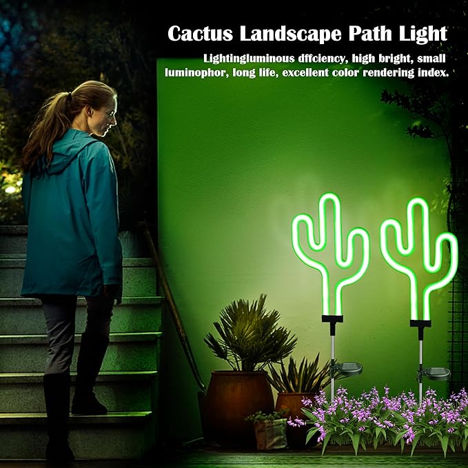 SunKite Cactus Solar Garden Stake Lights - Outdoor Waterproof Neon Lights for Garden, Yard, Lawn, Pathway, Patio | Lumora