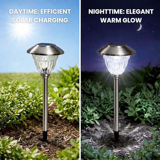 Energizer Solar Outdoor Garden Lights - 10 Pack LED Driveway Solar Lights with 10 Lumen Output, Patterned Glass & Metal Finish, Waterproof & Easy to Install Garden Lights for Outside - Stainless Steel