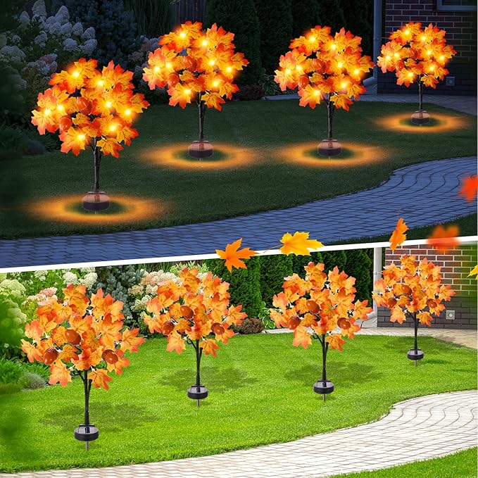Capoda 2 Pack Fall Solar Lights Decorations Maple Leaf Led Outdoor Waterproof Solar Lights Decor for Autumn Thanksgiving Harvest Party Outside Home Yard Garden Porch Pathway Decor Supplies