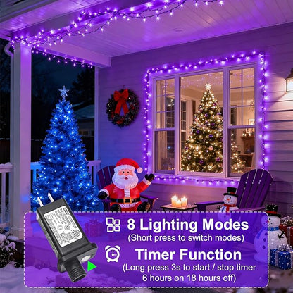 Purple Christmas Lights, 66FT 200 LED Christmas Lights Outdoor with 8 Modes Waterproof, Connectable String Light Indoor Green Wire for Tree Garden Patio Party Holiday Decorations