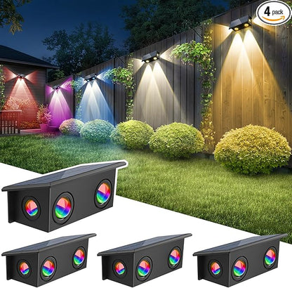 T-SUN Solar Fence Lights Outdoor, 4 Pack Waterproof Fence Lights Solar Powered 8 Mode RGB & Warm White＆Color Changing Dusk to Dawn Wall Lights for Yard Patio Step Deck Railing Pool