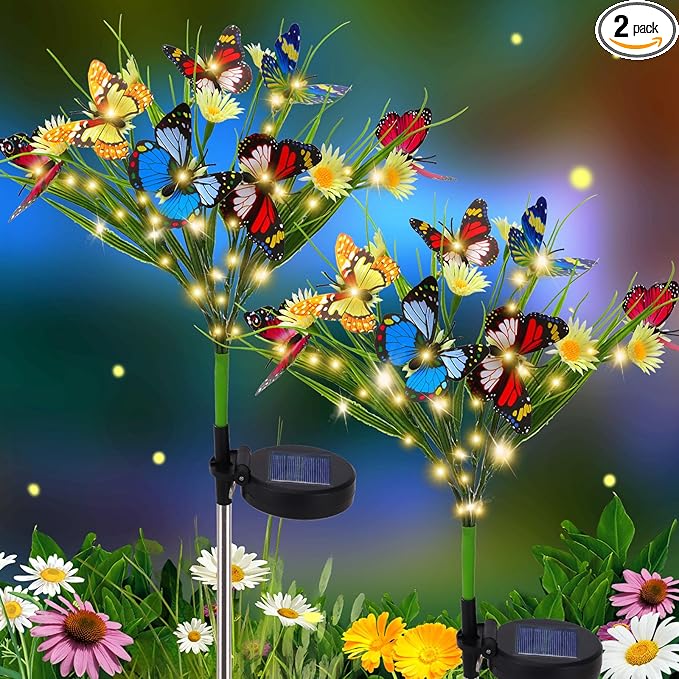 AVEKI Solar Garden Lights, 2 Pack 84LED 14 Butterfly 28 Daisy Flower Solar Powered Lights IP65 Waterproof Stake Lights Outdoor Landscape Lights for Yard Patio Lawn Gift for Women (White-1)