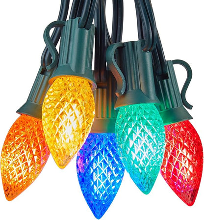 Multicolor C7 LED Christmas Lights Outdoor, 100FT Colorful Christmas String Lights with 100+4 Plastic Bulbs, Traditional Hanging Holiday Lights for Christmas Tree Patio Fence Roofline Xmas Decorations