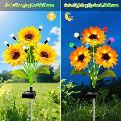 Solar Garden Lights-2 Pack Solar Sunflowers with Multicolor Changing Swaying Firefly Lights,Gifts for Mom Women Mothers Day Birthday,Waterproof Firefly Sunflower Light for Outdoor Patio Yard Decor