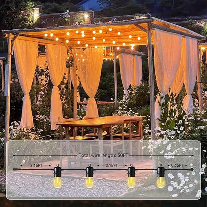 Aoxun 50FT LED Outdoor String Lights with 15 Edison Shatterproof Bulbs(2 Spare), Waterproof Hanging Lights for Gazebo, Porch, Deck, Garden, Backyard