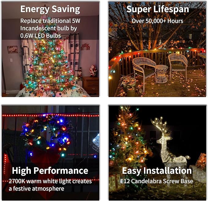 10FT C7 Christmas Lights, Multicolor LED Indoor String Lights with 10 Vintage Bulbs, for Xmas Tree, Window, Party | Lumora