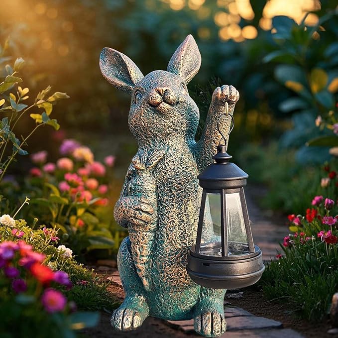 Solar Garden Statues -Rabbit Lantern Outdoor Handmade Resin Statue with LED Light, Cute Carrot Holder for Patio | Lumora