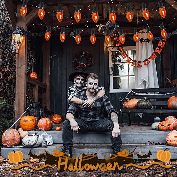 Flickering Flame String Lights, 25Ft C7 Orange Halloween String Lights, Orange Flicker Flame Lights for Outdoor and Indoor Decor, Halloween Lighting for Party Decorations