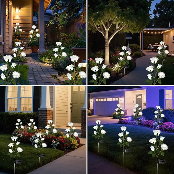 Solar Garden Lights, Solar Outdoor Lights with More Realistic 10 Rose Waterproof Solar Powered Flowers for Outside Patio Yard Pathway Decorations, 2 Pack White