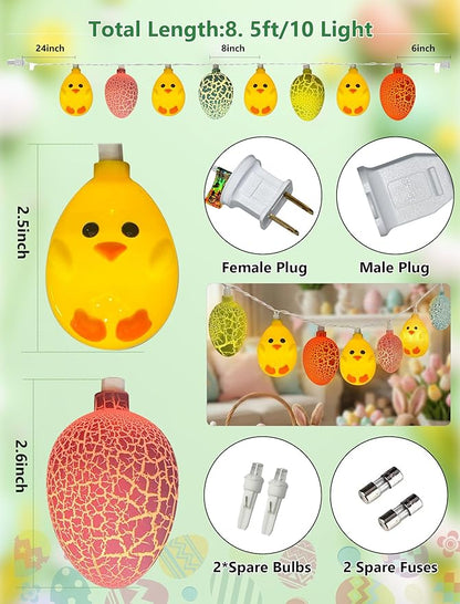 8.5Ft Easter Cracked Egg and Chick String Lights, 10 Festive LED Spring Easter Decorations Cute Yellow Chick Egg Fairy Lights Plug in for Indoor/Outdoor Parties Holiday Home Garden Patio Garland Decor