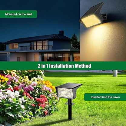 Solar Spot Lights Outdoor with 60 LED & Auto On/Off, 2 Pack Solar Lights Outdoor Waterproof IP68 with 3 Lighting Modes, 2-in-1 Solars Landscape Light for Outside, Garden, Yard(Warm White)