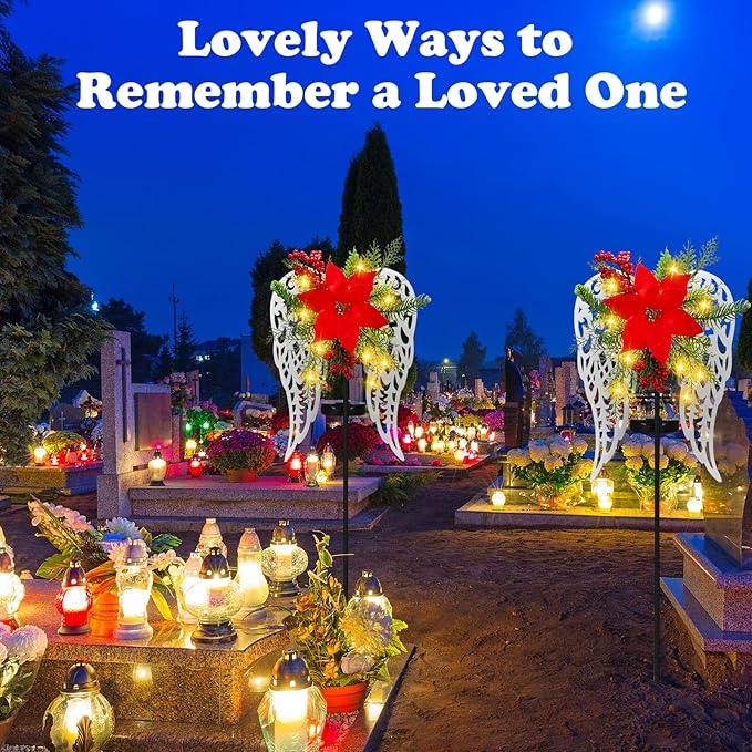 Baquler 2 Pack Christmas Outdoor Decorations Solar Stake Lights, Led Angel Wings Metal Stakes with Big Poinsettia Flower, Grave Pathway Lights for Lawn Garden Cemetery Decor