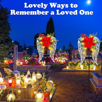 Baquler 2 Pack Christmas Outdoor Decorations Solar Stake Lights, Led Angel Wings Metal Stakes with Big Poinsettia Flower, Grave Pathway Lights for Lawn Garden Cemetery Decor