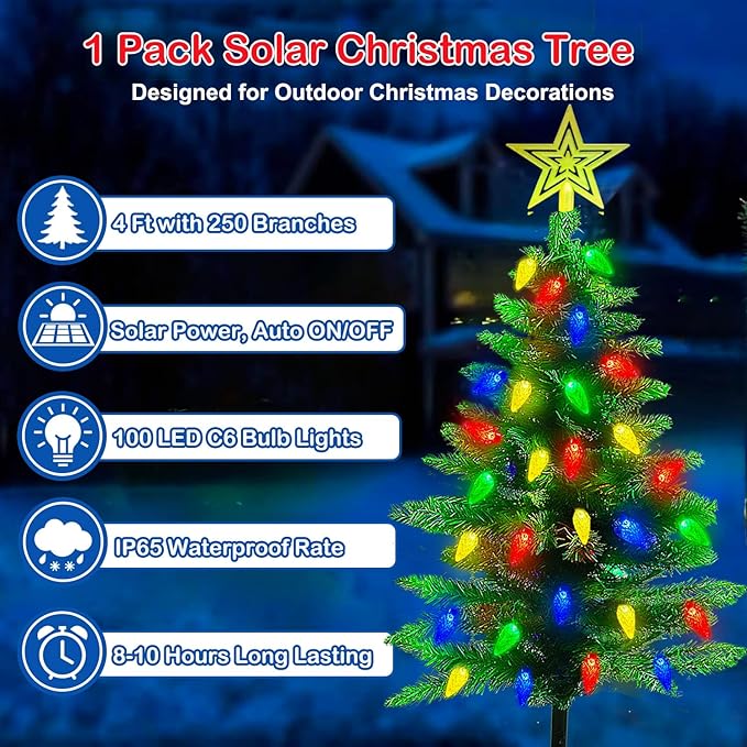 4FT Solar Christmas Tree Christmas Decorations Outdoor, 250 Branch Small Xmas Tree with 100 LED C6 Lights, Waterproof Solar Christmas Lights for Porch, Pathway, Yard, Cemetery, 1 Pack