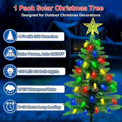 4FT Solar Christmas Tree Christmas Decorations Outdoor, 250 Branch Small Xmas Tree with 100 LED C6 Lights, Waterproof Solar Christmas Lights for Porch, Pathway, Yard, Cemetery, 1 Pack