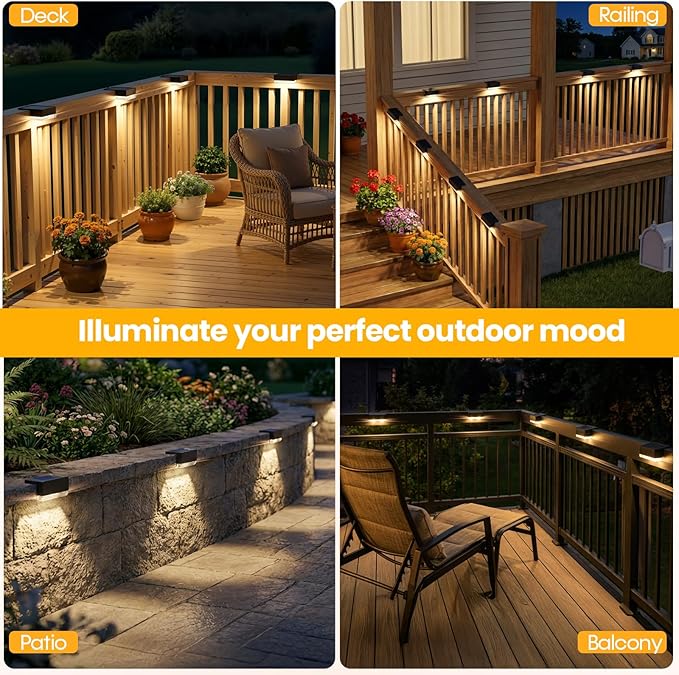 Solar Deck Lights 12 Pack, 3 Color Modes Soft Warm/Natural/Cool Glow, IP65 Waterproof Step Lights for Outdoor Ambiance, Solar Lights for Fence, Deck, Railing, Patio & Backyard Decor (Black)