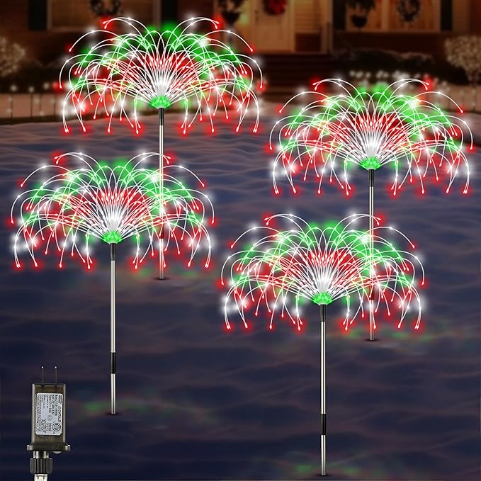 Enhon 4 Pack Plug in Christmas Pathway Firework Lights, 1440 LED Waterproof Xmas Garden Starburst Stake Lights with 8 Modes for Driveway Walkway Yard Lawn Patio Decorations(Red, Green, White)