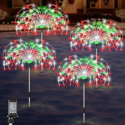 Enhon 4 Pack Plug in Christmas Pathway Firework Lights, 1440 LED Waterproof Xmas Garden Starburst Stake Lights with 8 Modes for Driveway Walkway Yard Lawn Patio Decorations(Red, Green, White)