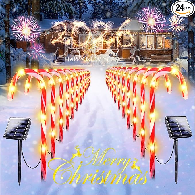 Upgraded 24 Pack Solar Candy Cane Lights Outdoor, Solar Christmas Lights Outdoor Waterproof with 8 Modes, Xmas Pathway Candy Cane Christmas Decorations Outside for Garden Lawn Yard Party