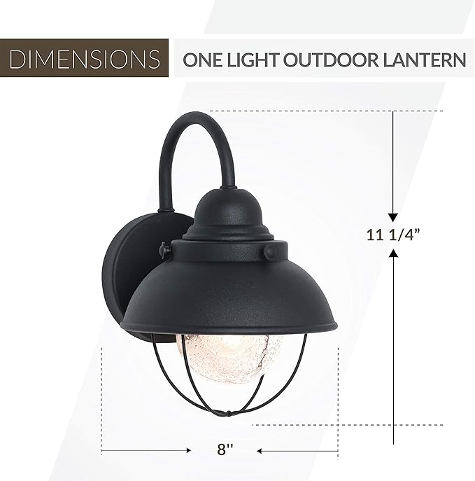 Sea Gull Lighting 8870-12 Sebring One-Light Outdoor Wall Lantern with Clear Seeded Glass Diffuser, Black Finish, 11.25'' Height