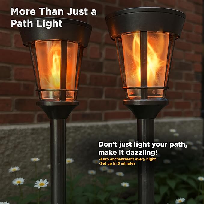 FoxFlame Classic Solar Path Torch - Elegant Flickering Flame Effect with Patented LED,IP65 Waterproof,Solar-Powered Lighting for Garden,Yard, and Landscape Ambiance Easy Stake Installation (2 Pack)