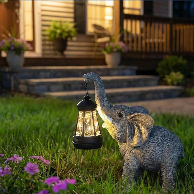 Solar Garden Statue Lights Elephants Figurine with Solar Lantern, Outdoor Yard Decorations for Patio Porch Home | Lumora