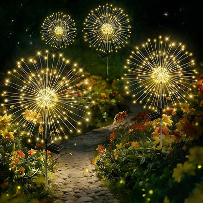 Solar Garden Lights Outdoor Decor Waterproof, 4Pack 120LED Firework Lights for Garden Decorative, Fairy Lights Solar Powered for Yard, Patio,Pathway,Flowerbed,Planter,Party(Warm White)