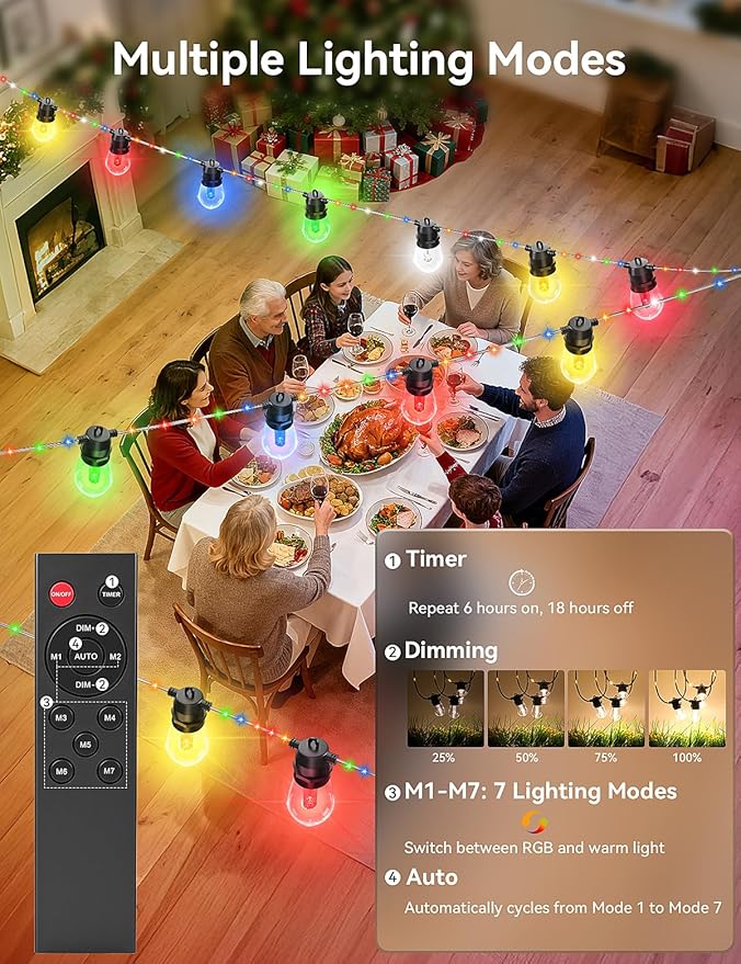 Brightever LED Outdoor String Lights Waterproof, RGBW 48FT Patio Lights with 15 S14 LED Bulbs, Heavy-Duty Outdoor Hanging Lights with Remote and Timer, Color Changing Christmas Decor for Yard, Plug-in