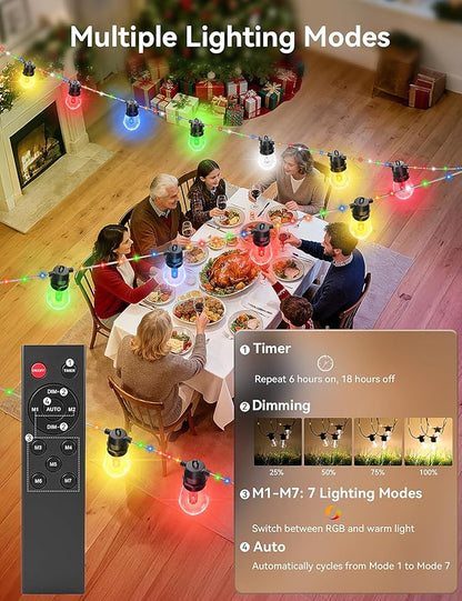 Brightever LED Outdoor String Lights Waterproof, RGBW 48FT Patio Lights with 15 S14 LED Bulbs, Heavy-Duty Outdoor Hanging Lights with Remote and Timer, Color Changing Christmas Decor for Yard, Plug-in