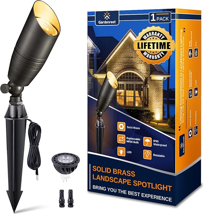 Gardenreet Landscape Spotlights Low Voltage - Brass 12V Outdoor Uplight LED, Wired Spot Lights IP65 Waterproof | Lumora